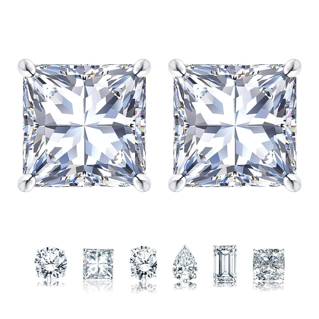 JeenMata Aros Tipo Botón Solitario de 4 Puntas con Moissanita de Corte Princesa de 2 Quilates en Baño de Oro Blanco de 18 K sobre Plata