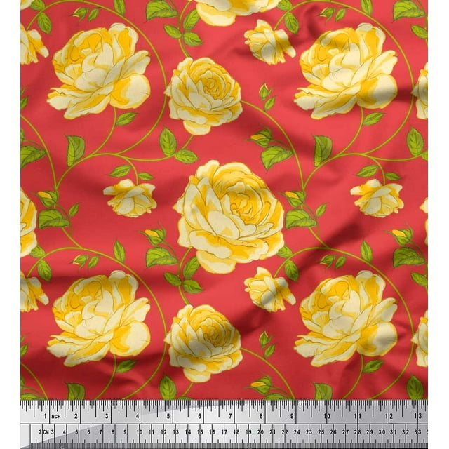 Soimoi Tissu Poly Georgette Feuilles & Roses Imprimé Tissu d'Artisanat au Mètre 52 Pouces de Large