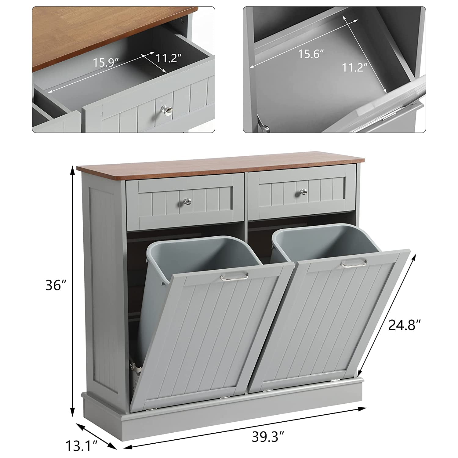 KIGOTY Dual Kitchen Trash Cabinet, Double Tilt Out Trash Can Cabinet with Countertop and Drawer, Free-Standing Pet Proof Recycling Cabinet Garbage Can Holder (Grey)