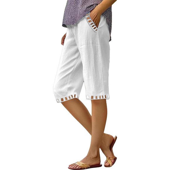 Women's White Shorts, Knee Length Linen Pants, Summer Casual Lightweight Shorts with Pockets in Clearance White M
