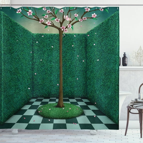 Mural Shower Curtain, Japanese Pink Cherry Blossom Tree Surrounded by Outdoor Garden Maze Inspired Graphic, Fabric Bathroom Set with Hooks, 69W X 70L Inches, Multicolor, by Ambesonne