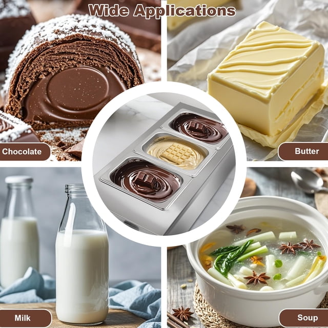 EDTara Pot de Fusion pour Chocolat avec Trois Réservoirs en Acier Inoxydable, Chauffe-Aliments Commercial 1200 W, Contrôle Numérique de la Température 86 °F–185 °F pour la Préparation de Chocolat, de Fromage Ou de Sauce