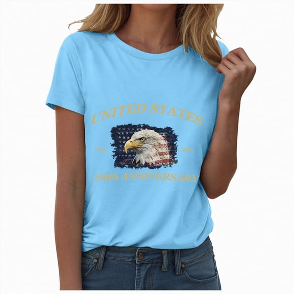 Leey-World Womens 250th Anniversary Usa Shirt Women's T-Shirts V-Neck Graphic Tees Boho Flowers Shirt Summer Casual Short Sleeve Tops(Sky Blue,XL)