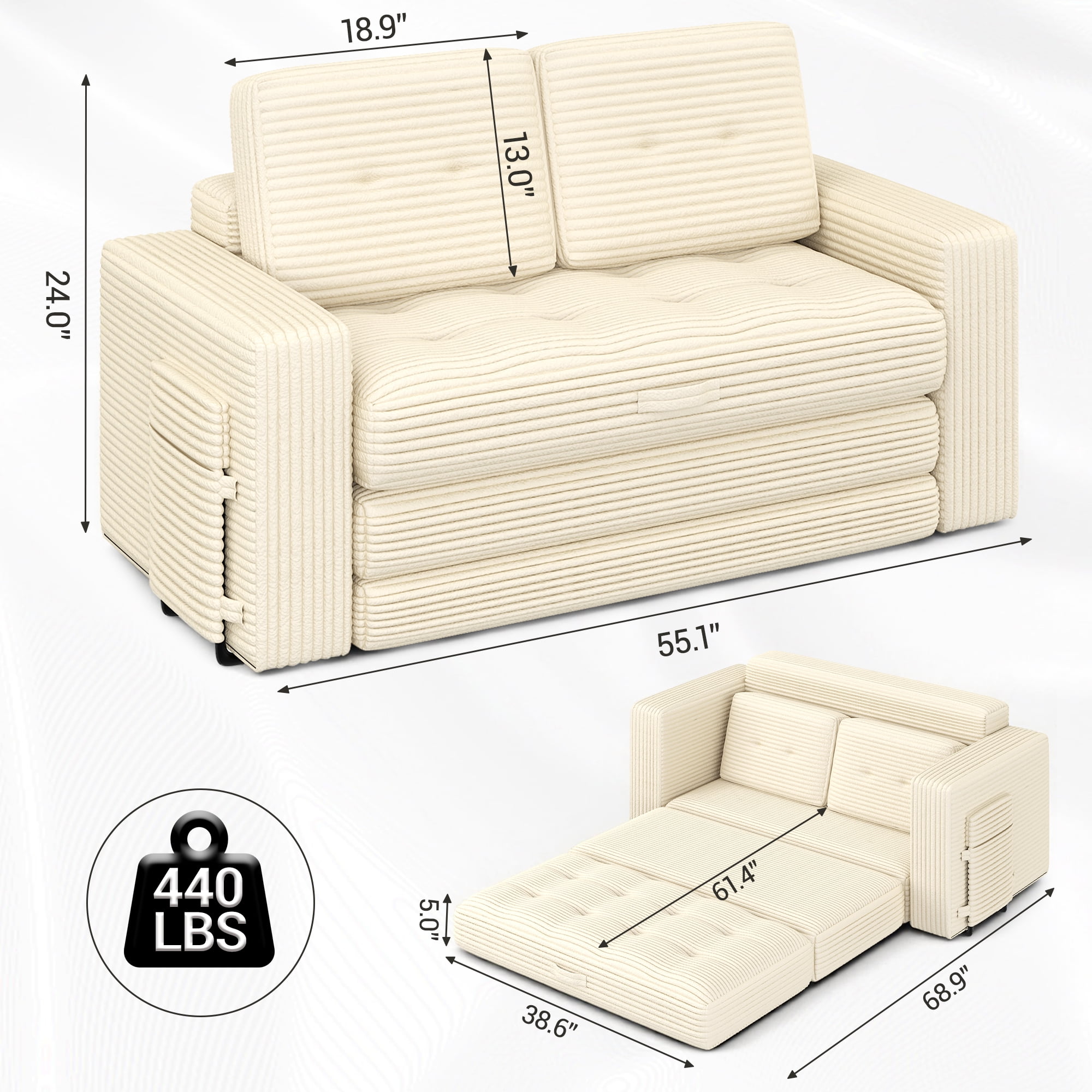 WENTUM Pull Out Loveseat Boneless Couch,Sleeper Sofa, Folding Couch Bed with Pillow for Living Room Bedroom, Beige