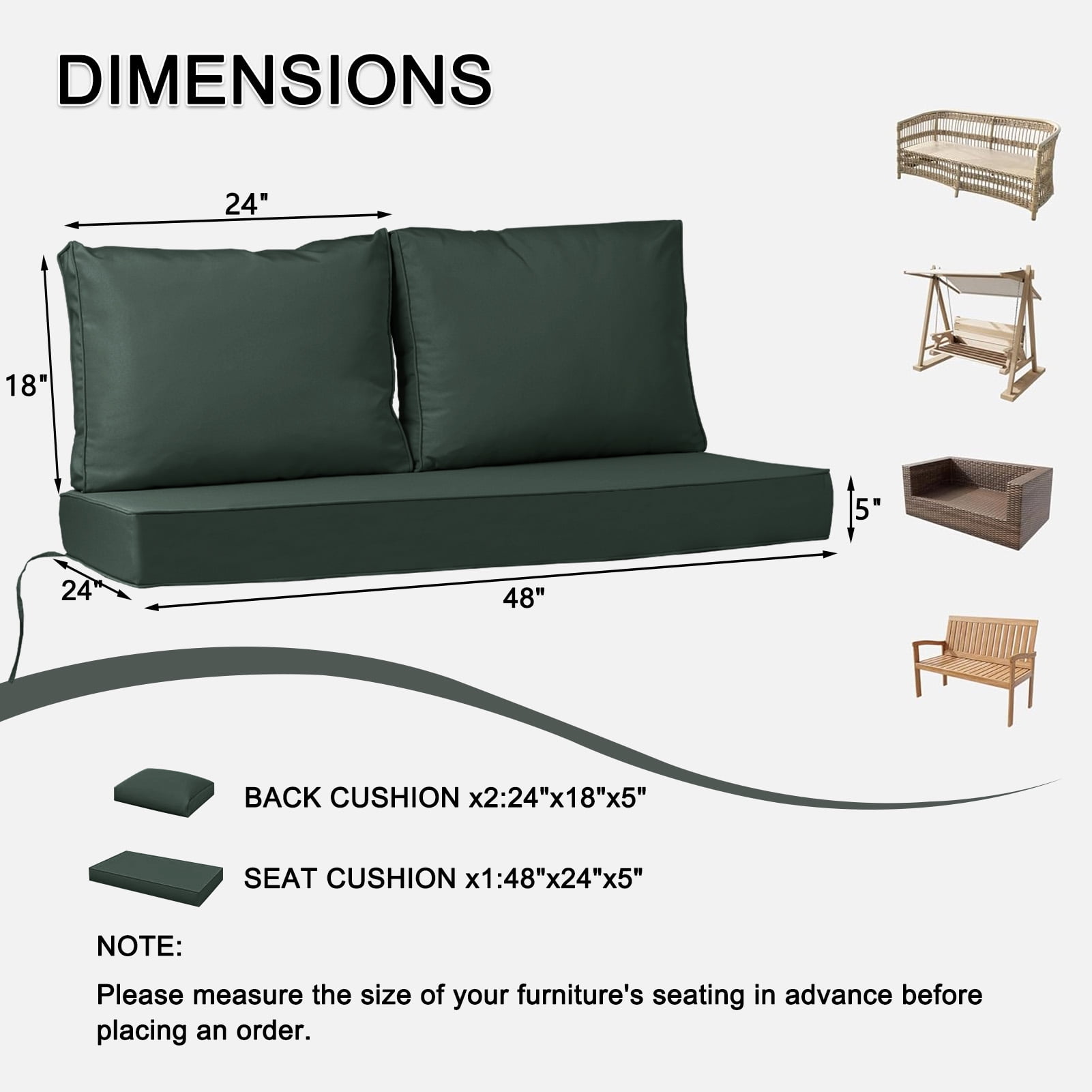 Outdoor Loveseat Cushion Set, 48 x 24, Water Repellent, Fade Resistant, Couch love seat