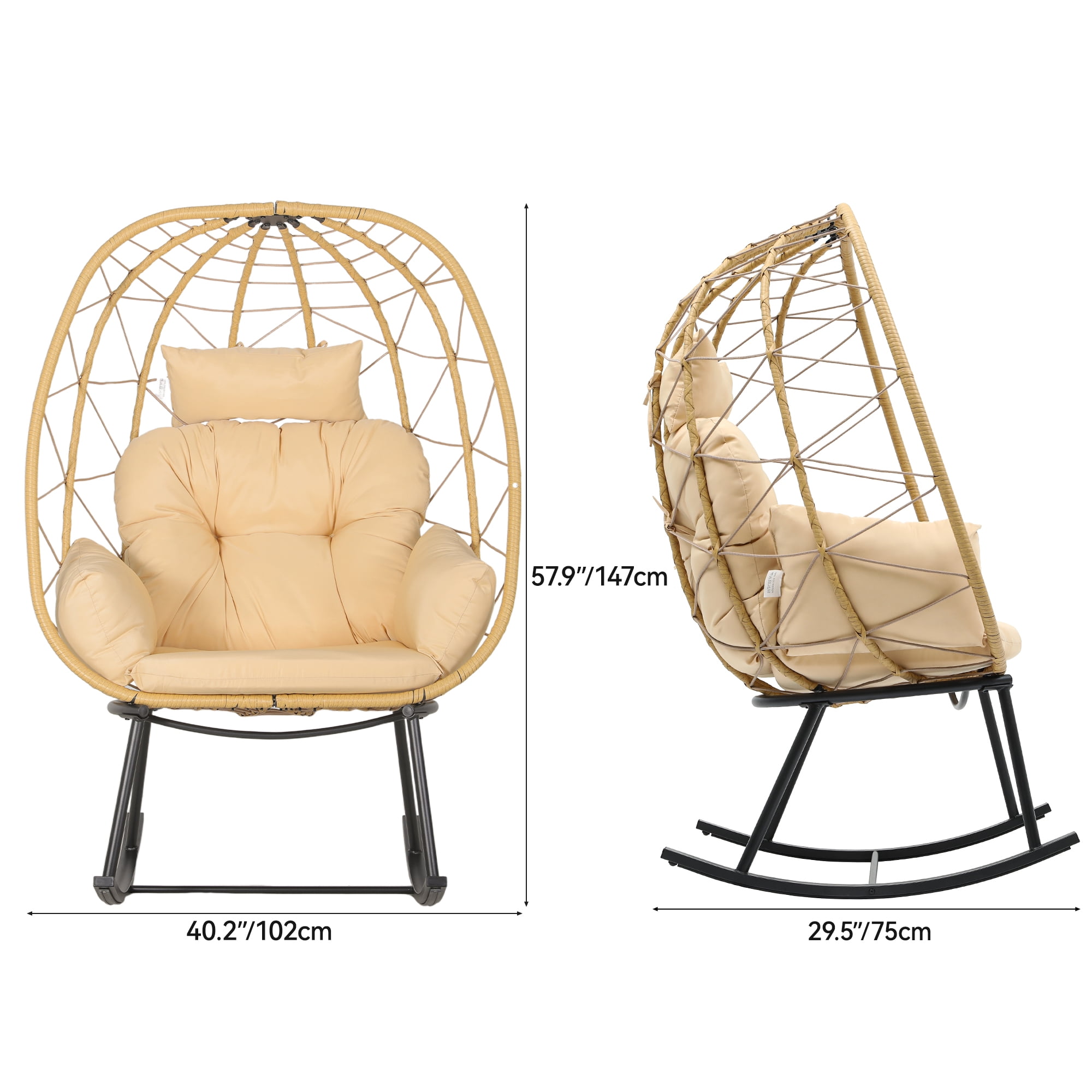 Uforic Beige Outdoor Wicker Rocking Egg Chair, Cushioned Relaxation Chair for Indoor & Outdoor Spaces, 330lb Weight Capacity, Anti-Slip Design, All-Weather Durability