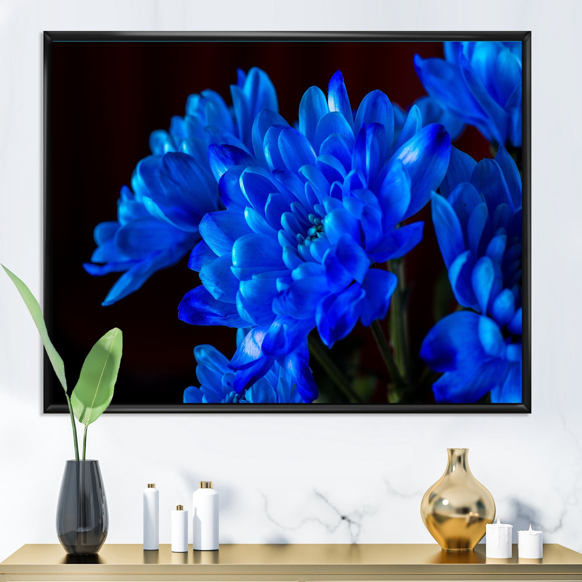 Designart 'Blue Chrysanthemum Flowers On Black Backround' Traditional Framed Canvas Wall Art Print