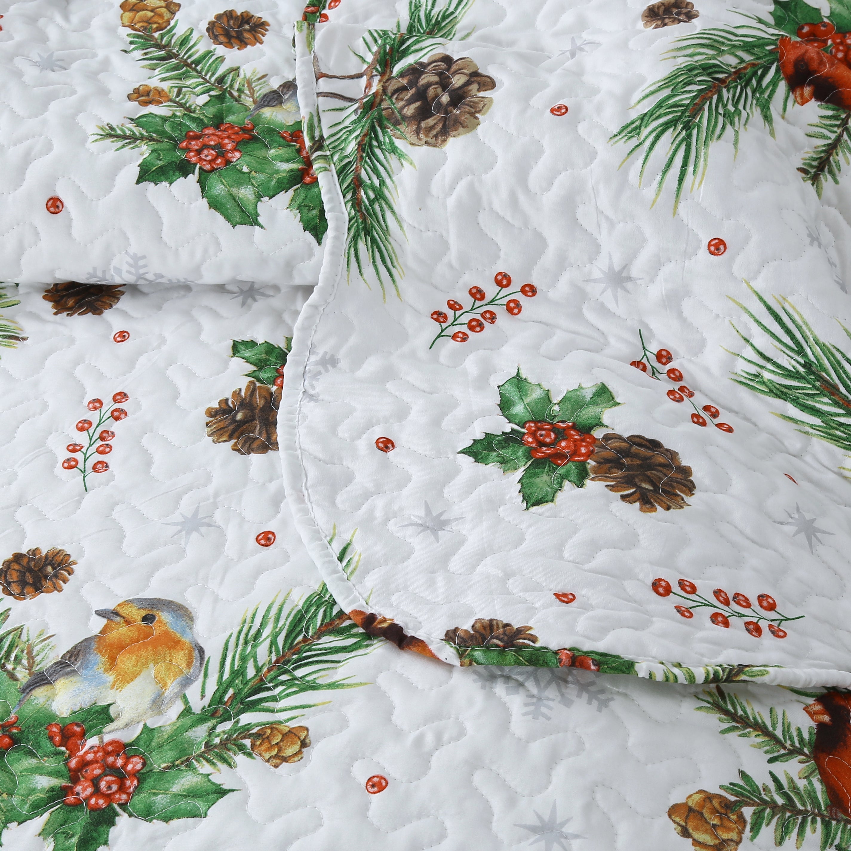 3 Pcs Winter Cardinals Christmas Quilt Bedspread Set Holiday Bedding