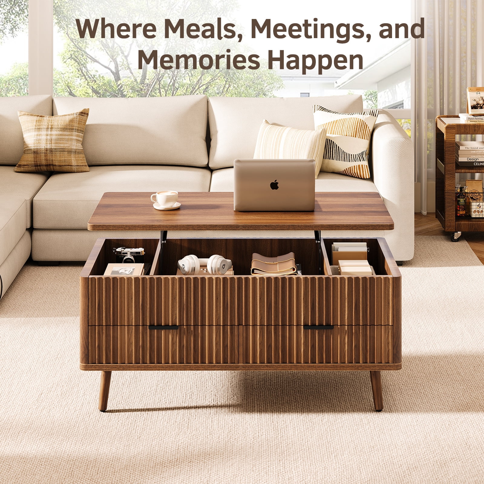 CURLA Lift Top Coffee Table with Storage, Mid Century Modern Coffee Table with Drawers, Center Table for Living Room, Walnut