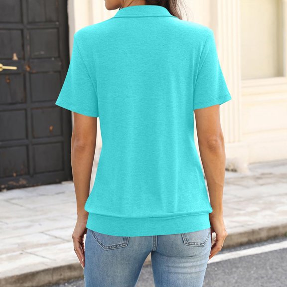 Short Sleeve Polo Shirts for Women Banded Bottom Tennis Golf Shirt Business Casual Loose Collared V Neck Top Blouses Cyan XL