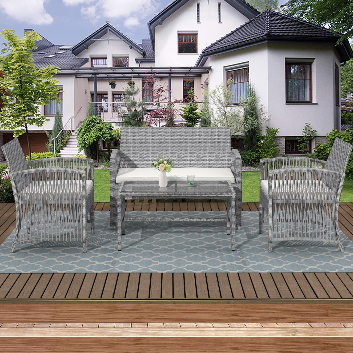 Outdoor Patio Furniture Sets, 4 Piece Gray Wicker Outdoor Porch Conversation Sets, 2pcs Arm Chairs, 1pc Loveseat&Coffee Table, Patio Bar Set, Dining Set for Backyard Lawn Porch Poolside Garden, W7776 - image 2 of 11