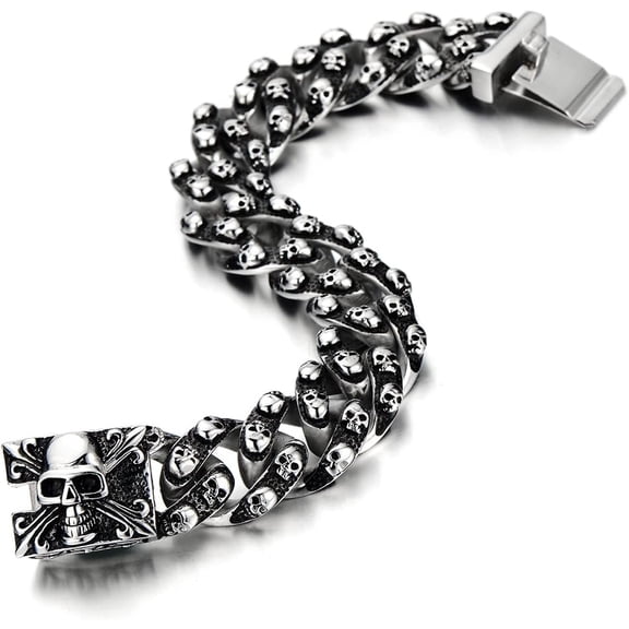Soleilie Gothic Retro Style Mens Large Stainless Steel Curb Chain Bracelet with Skulls