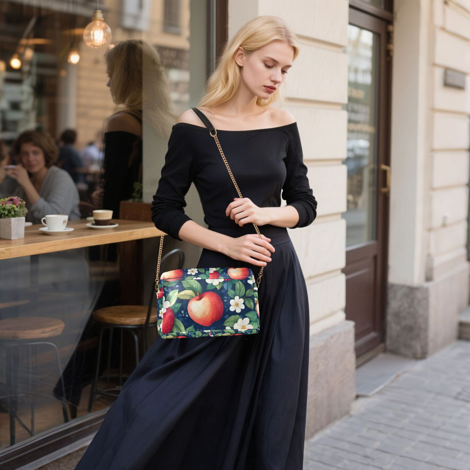 FORMRS Women Crossbody Purse with Chain Strap Vegan Leather Shoulder Handbag, Blue Apple Pattern