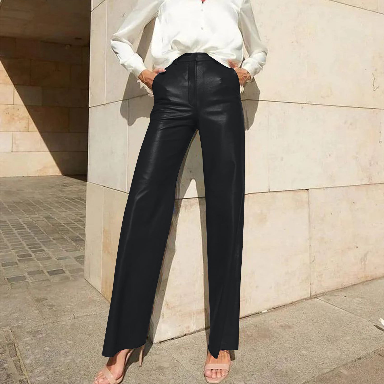 Miqool Women's Faux Leather Pants High Waisted Straight Wide Leg Stretchy Flared Leather Jeans Baggy Bell Bottom Trousers with Pockets