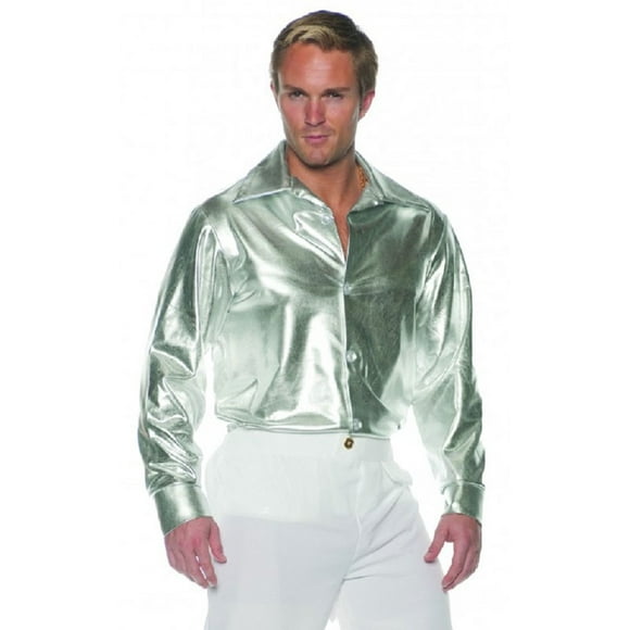 Adult Men's Metallic Silver Disco Dancer Shirt Shiny Button Up 60s 70s STD-XXL