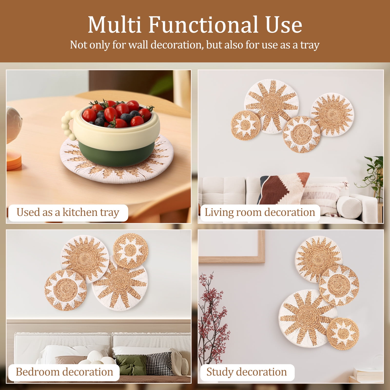 4Pcs Woven Wall Baskets Decor Handmade Decorative Set with Hooks Lightweight Easy to Install for Living Room Bedroom