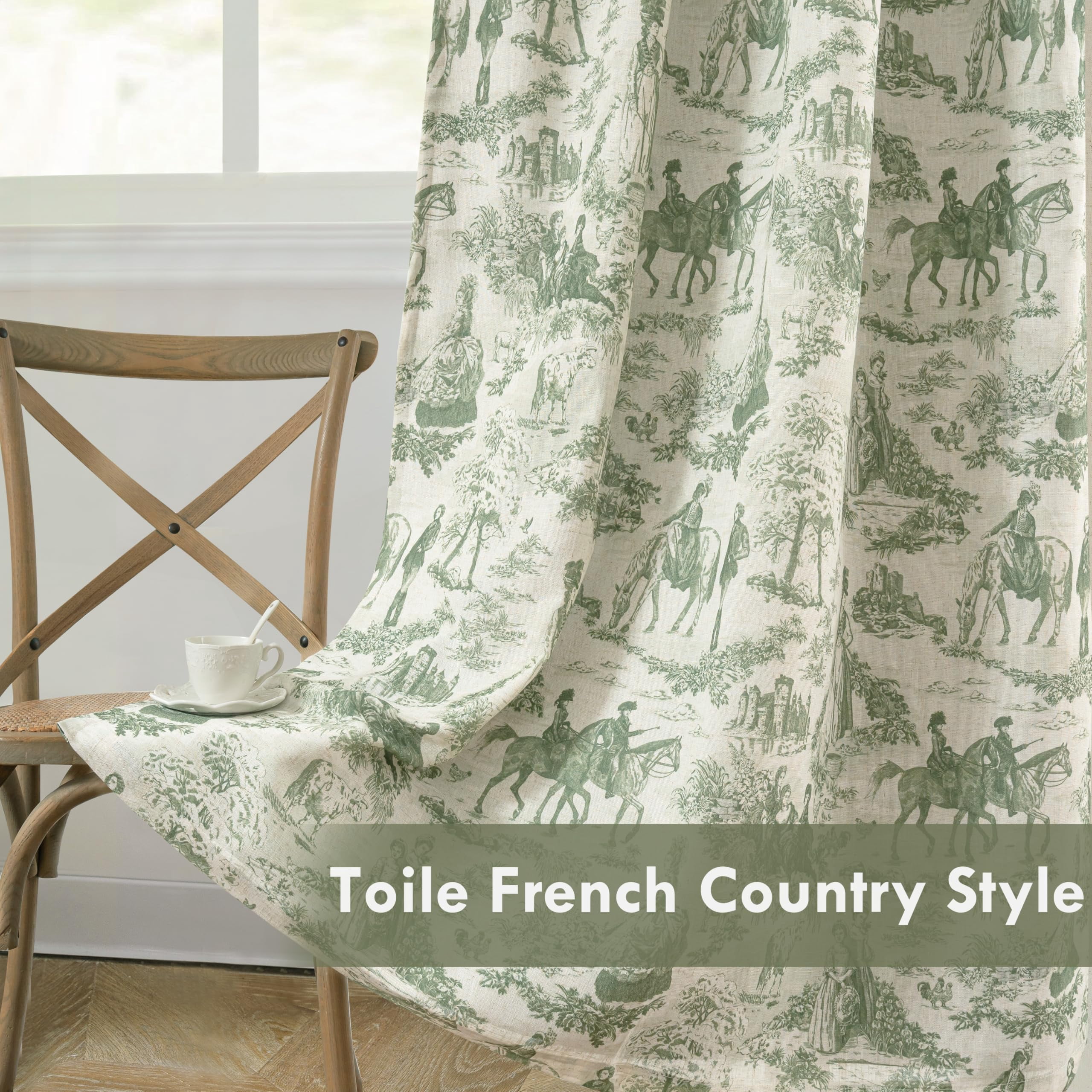 DriftAway 100% Blackout Toile Linen Curtains for Bedroom Double Layer Farmhouse French Country Vintage Printed Pattern Thermal Sound Lined Back Tab Drapes 96 inch Long 2 Panels Loden Green