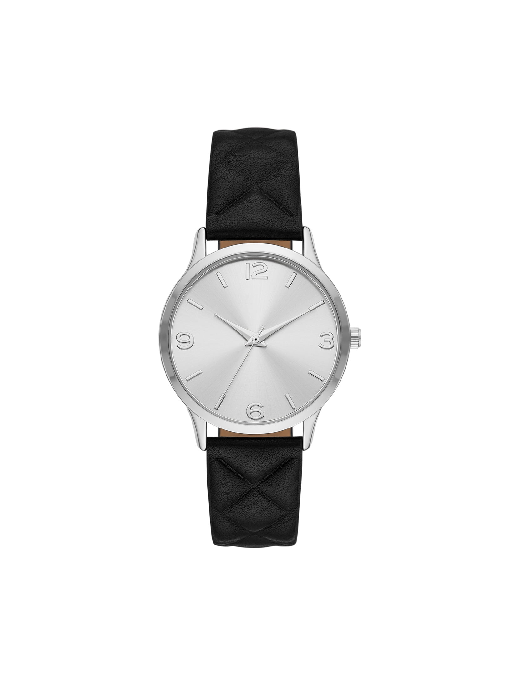 Time and Tru Ladies' Watch with Silver Tone Case, Silver Sunray Dial and Quilted Black Vegan Leather Strap
