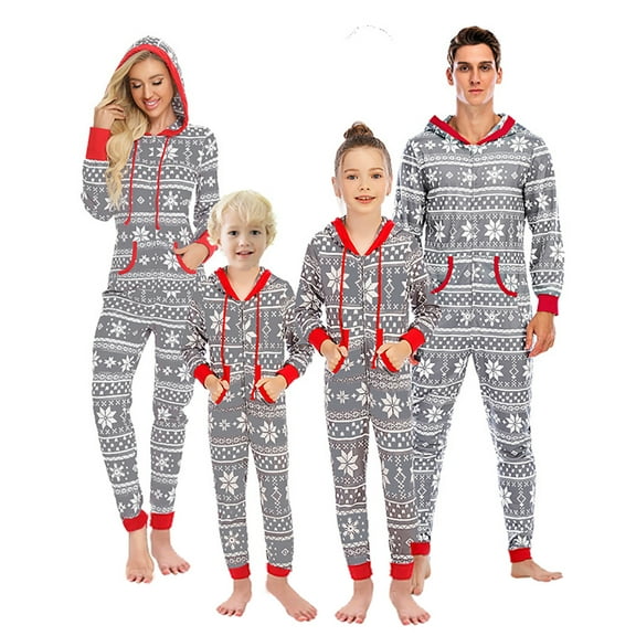 SILVERCELL Family Matching Christmas Pajamas Set for Mom/Dad/Kids Long Sleeve Zipper Christmas Sleepwear Hooded Jumpsuit Pjs with Pockets