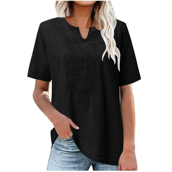 Women's Summer Cotton Linen Tee Shirts Casual Embroidered Short Sleeve Blouse Soft Lightweight V Neck Tunics Breathable Solid Daily Classic Tops