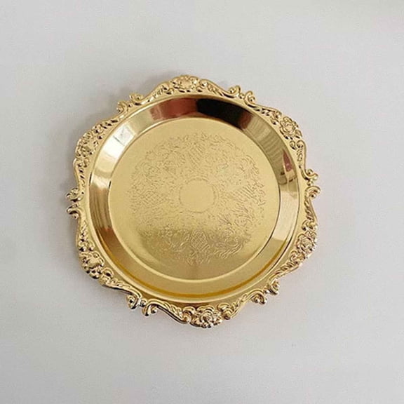 Blecry European-Style Cake Tray Gold,Coffee Table Tray Round Decorative Tray Metal Dessert Plates for Snacks Gold Snack Cake Plate Decorative Plate Teacup Holder Jewelry Storage Dessert Plate