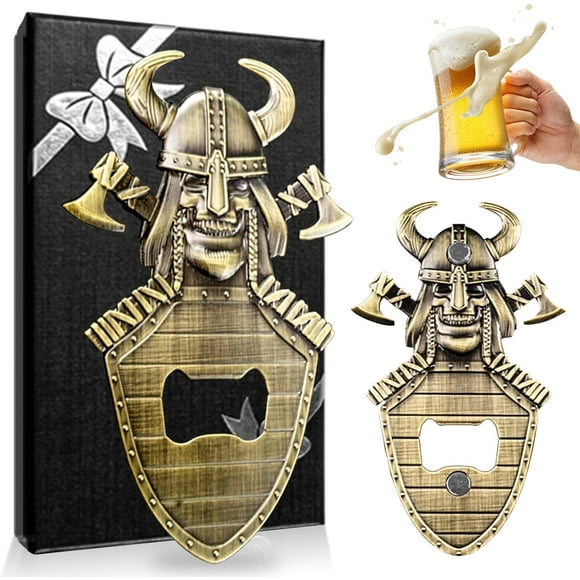 shiyou-Magnetic Skull Bottle Opener, Vintage Viking Beer Opener, Unique Shield Bottle Opener, Beer Gifts for Men, Birthday, Father's Day and Halloween Ideas Gifts with Gift Box (Bronze)