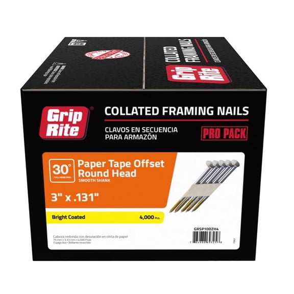 Grip-Rite  3 in. 30 deg Smooth Shank Angled Strip Framing Nails, Pack of 4000