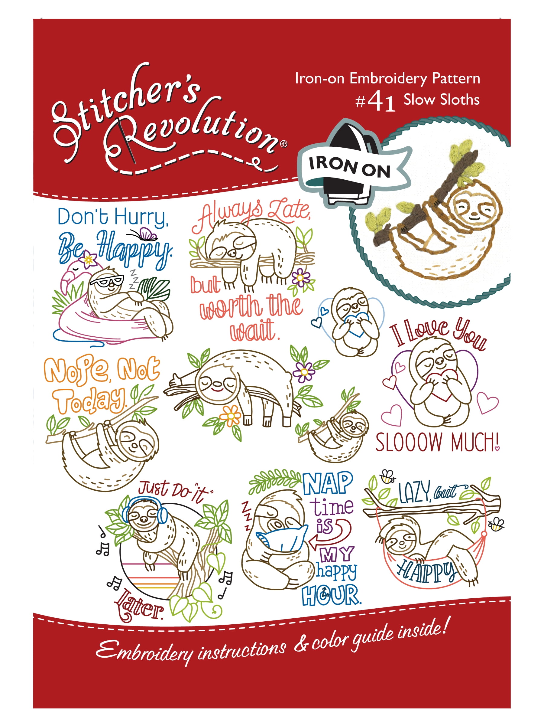(3 pack) Sloths Iron-on Transfer Pattern for Embroidery and Painting by Stitcher's Revolution Brand