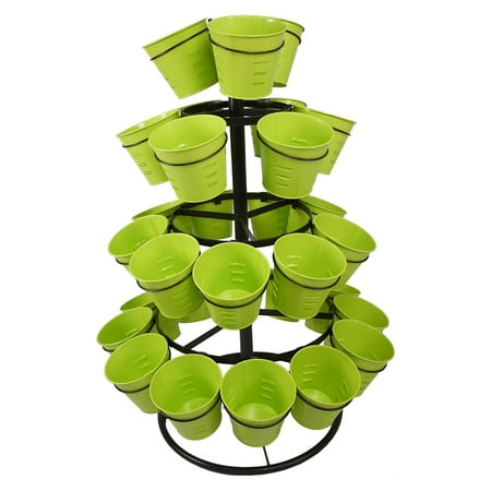 Patio Flower Pot Base Finether 4 Tier Revolving Garden Pot Rack Metal Plant Stand with 30 Flower Pots, Green ()