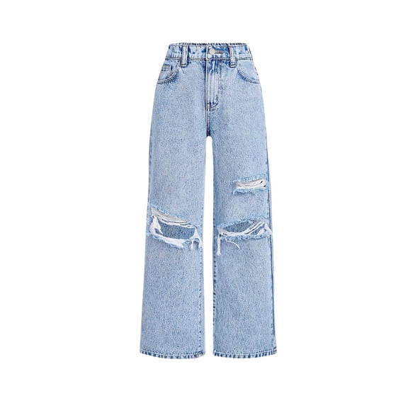 oyyn Baggy Jeans for Girls Relaxed Fit Jeans, Wide-Leg Ripped High-Elastic Waistband Cute Summer Pants Street Style 7-14 Years Old