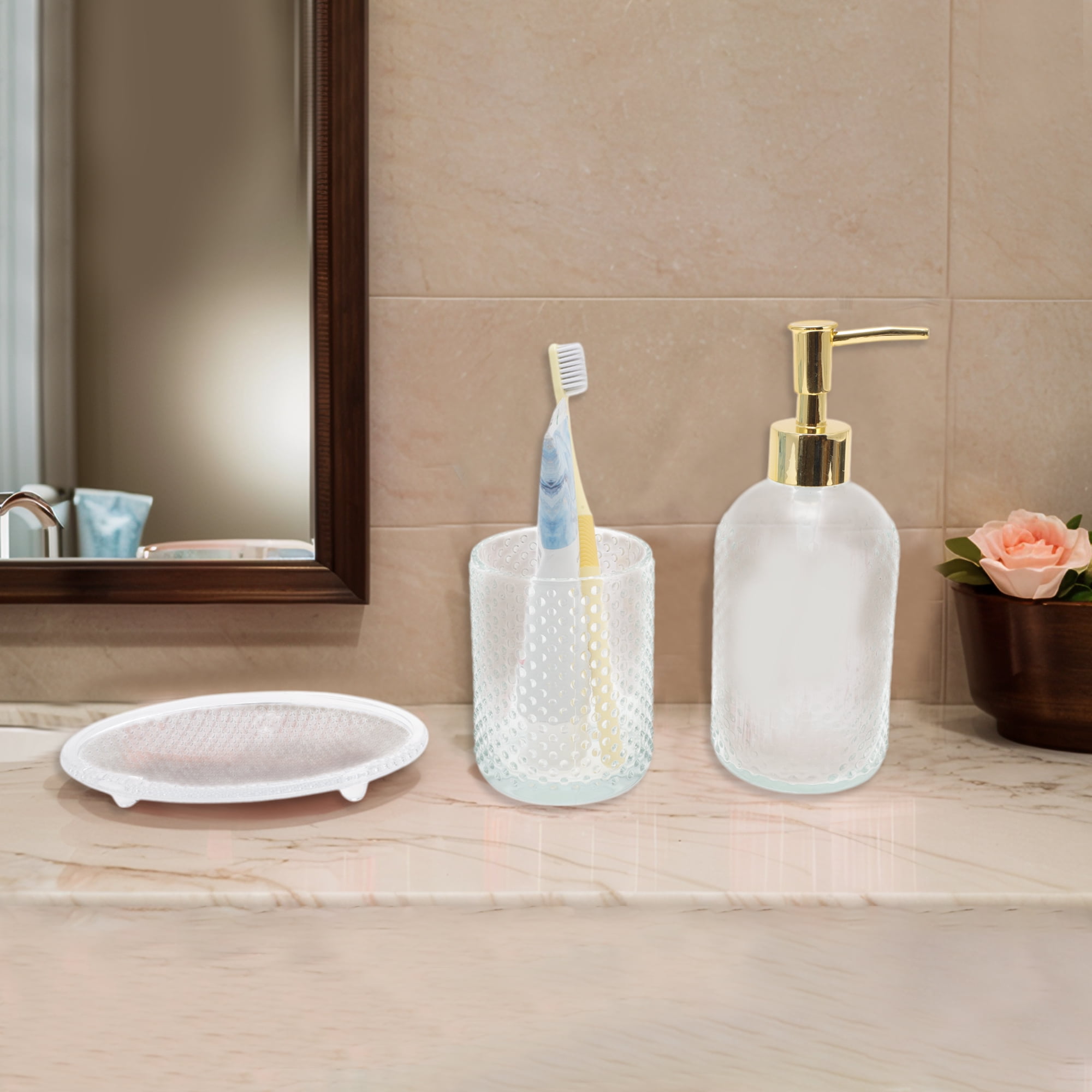 Unique Bargains 3 Pcs Reusable Dot Bathroom Accessories Kit Clear