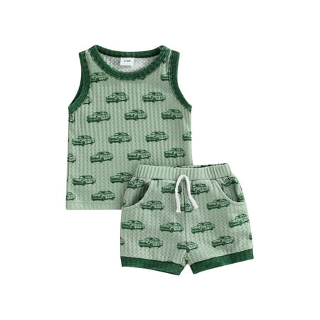 

TheFound Summer Infant Baby Boy Clothes Cartoon Printed Sleeveless Tops + Elastic Waist Shorts Outfits