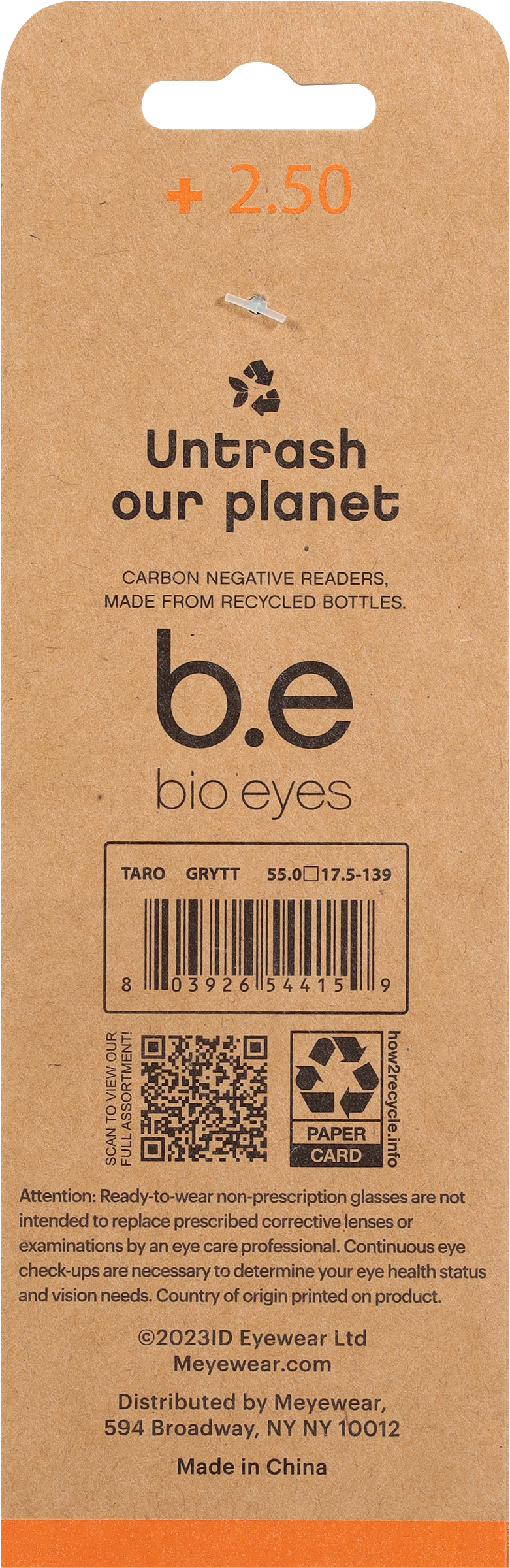 (3 pack) B.E Bio Eyes Mens Rectangular Reading Glasses Made from Recycled Plastic Taro +2.50 in Grey