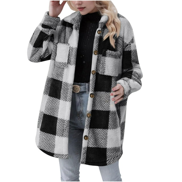 WRKEKC Women's Plaid Lapel Jacket Long Sleeve Button Front Pocket Detail Warm Top