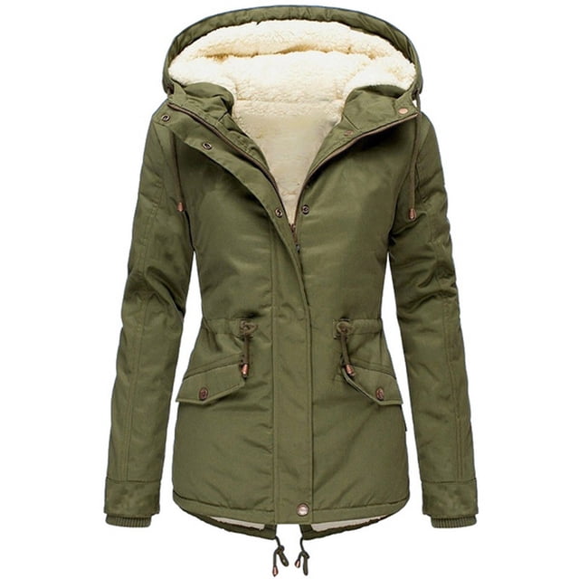 Women Drawstring Hoodie Coat Warm Inside Fleece Padded Coat Slim Zipper Coat