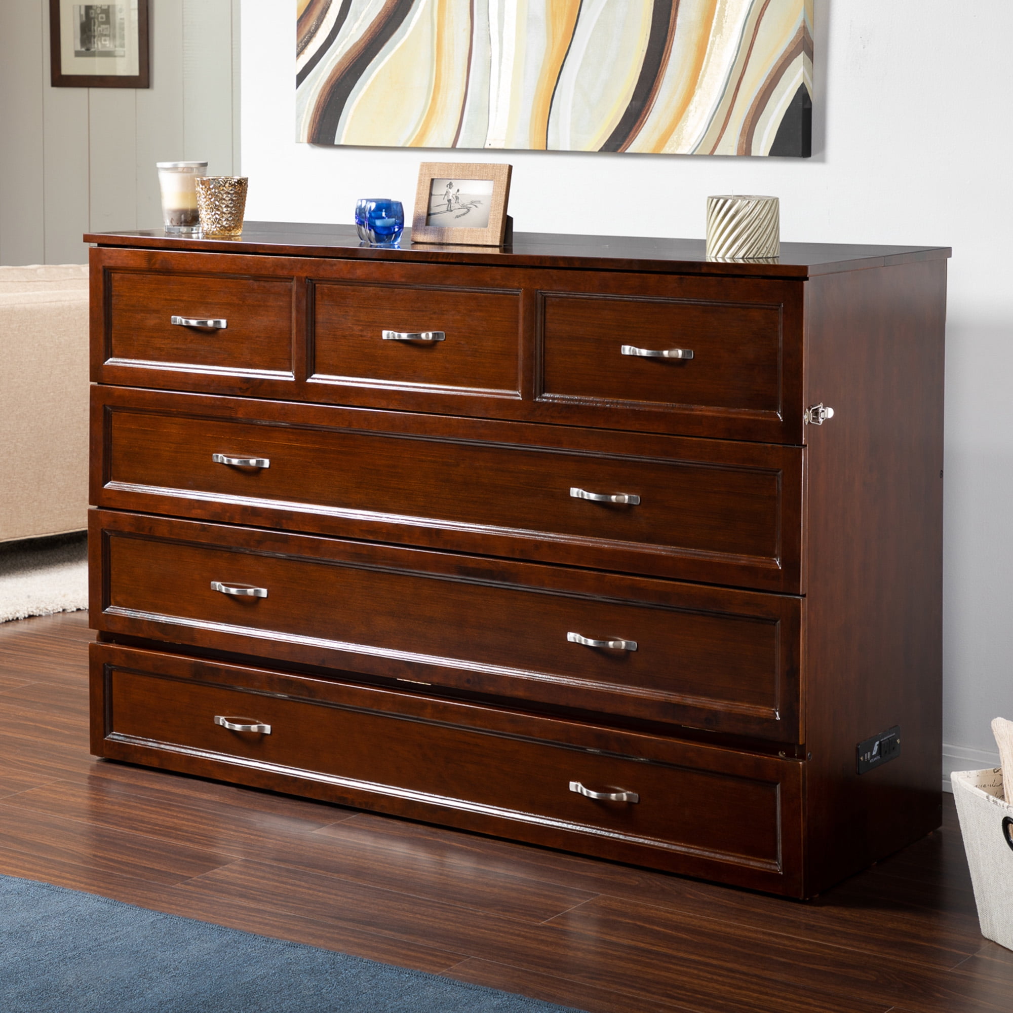 AFI Deerfield Queen Solid Wood Murphy Bed Chest with Mattress, Drawer & Charger in Walnut