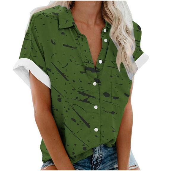 WXLWZYWL Womens Summer Tops Casual Lapel Blouse Short Sleeve Print Loose Shirt Tops Buttons Cardigan Army Green