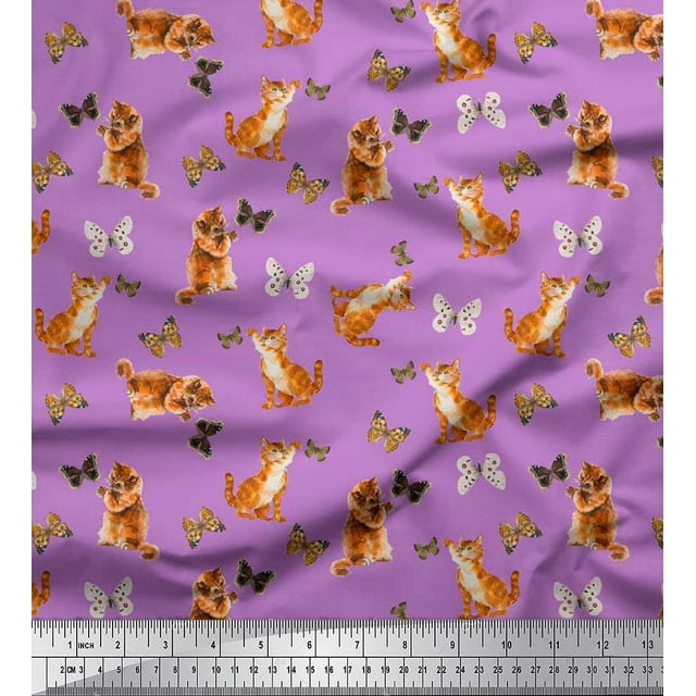 Soimoi Purple Poly Georgette Fabric Insect & Cat Animal Printed Craft Fabric by The Yard 52 Inch Wide