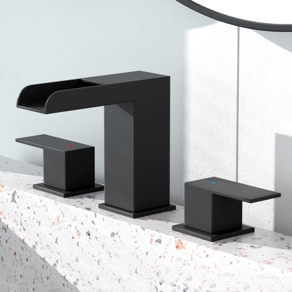 Neo 8 in. Widespread 2-Handle Bathroom Faucet, 3-Hole Sink Faucet with Waterfall Spout and Pop-Up Drain, Matte Black
