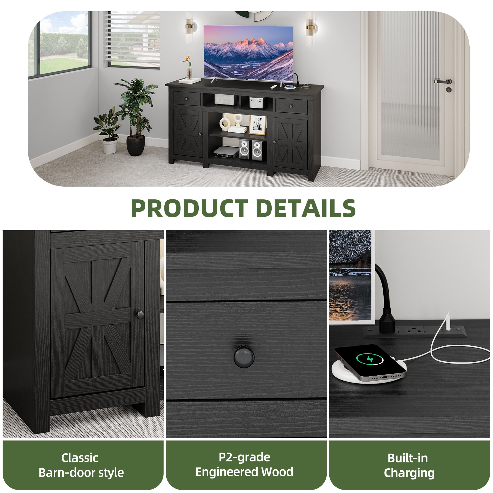 Uforic 59" Farmhouse TV Stand with Storage for Living Room, Entertainment Center for up to 65" TV, Black