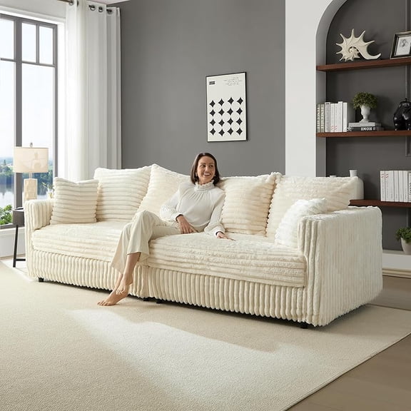 Corduroy Cloud Couches for Living Room,Fluffy 4 Seater Cloud Sofa Couch with Deep Seat,104.3" Modern Modular Sectional Sofa,Oversized Chaise Lounge Couch Sleeper, Beige