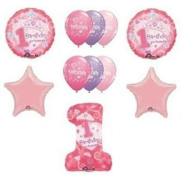 #1 First One 1st GIRL Princess Tiara Pink Stars (11) Birthday Party Balloons Set