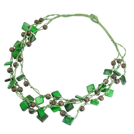 Fashion Jewelry Coco Beads - Unique Bargains Green Brown Nylon Cord Braid 3 Layer Pendant Square Coco Beaded Necklace Chain