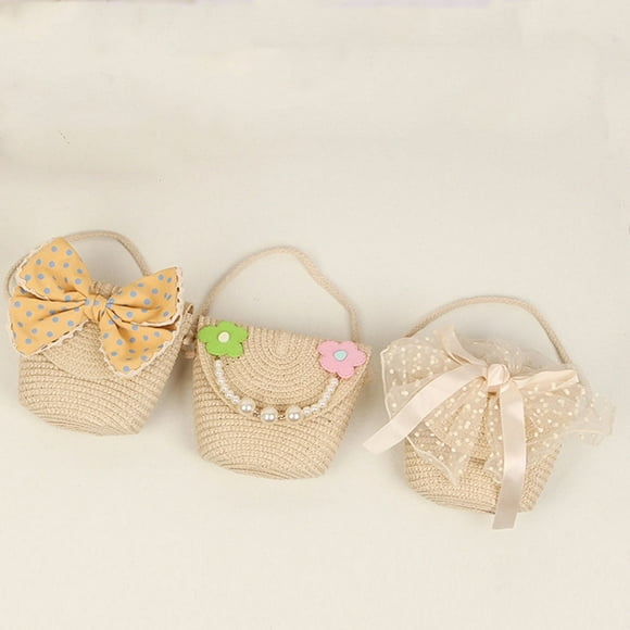 Aosijia 3 Pieces Little Girls Straw Purses Baby Toddler Kids Bow Flower Woven Bag Straw Shoulder Crossbody Bag Beach Handbag Boho Bag Bucket Bag