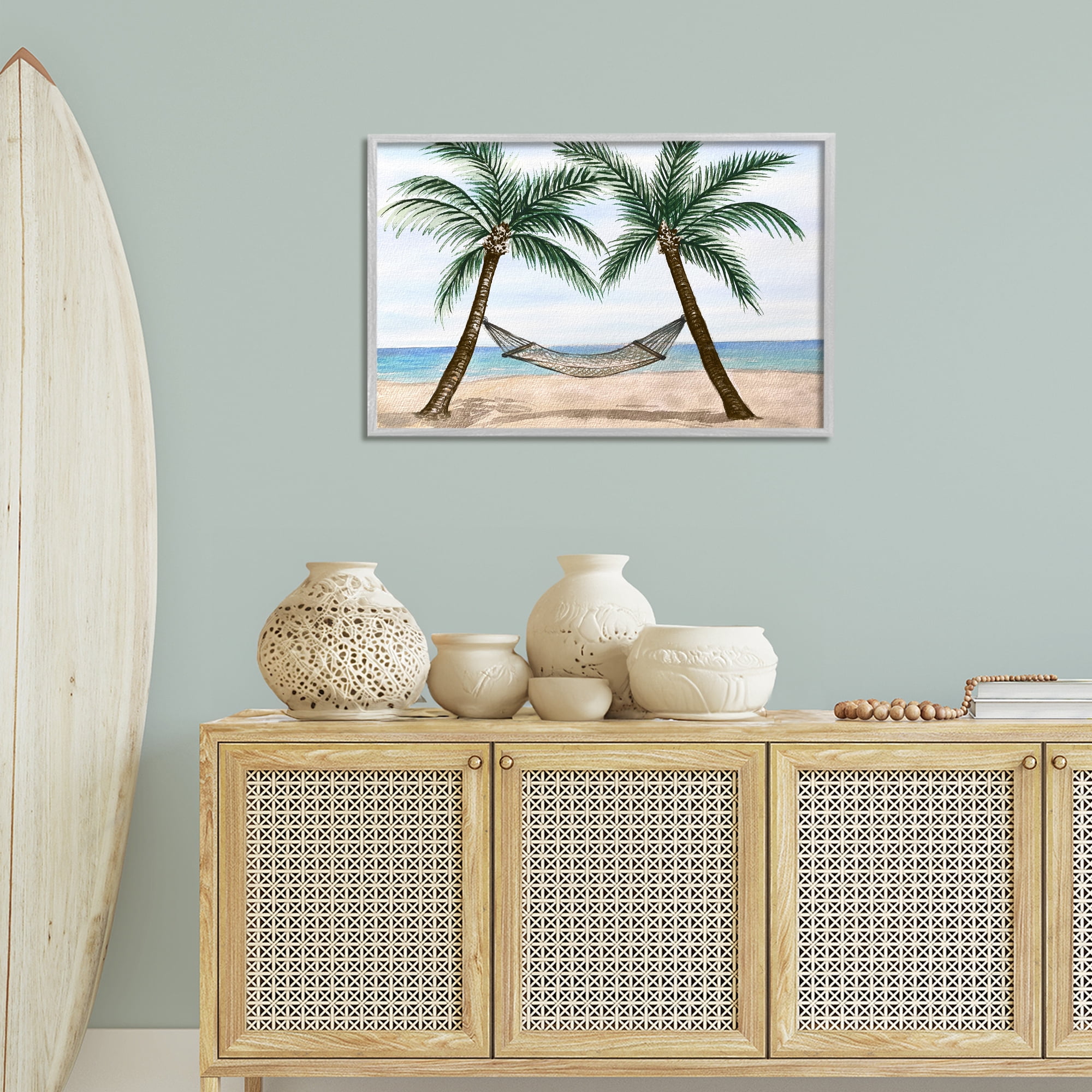 Stupell Industries Hammock Between Palms Landscape Painting Gray Framed Art Print Wall Art, 30 x 20