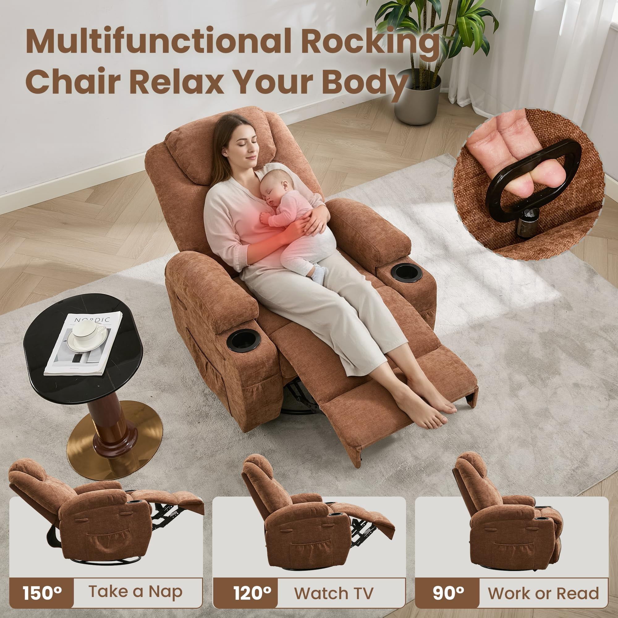 360-Degree Swivel Recliner with Massage & Heat – Electric Rocking Glider Chair for Adults, Perfect for Living Room or Nursery Relaxation