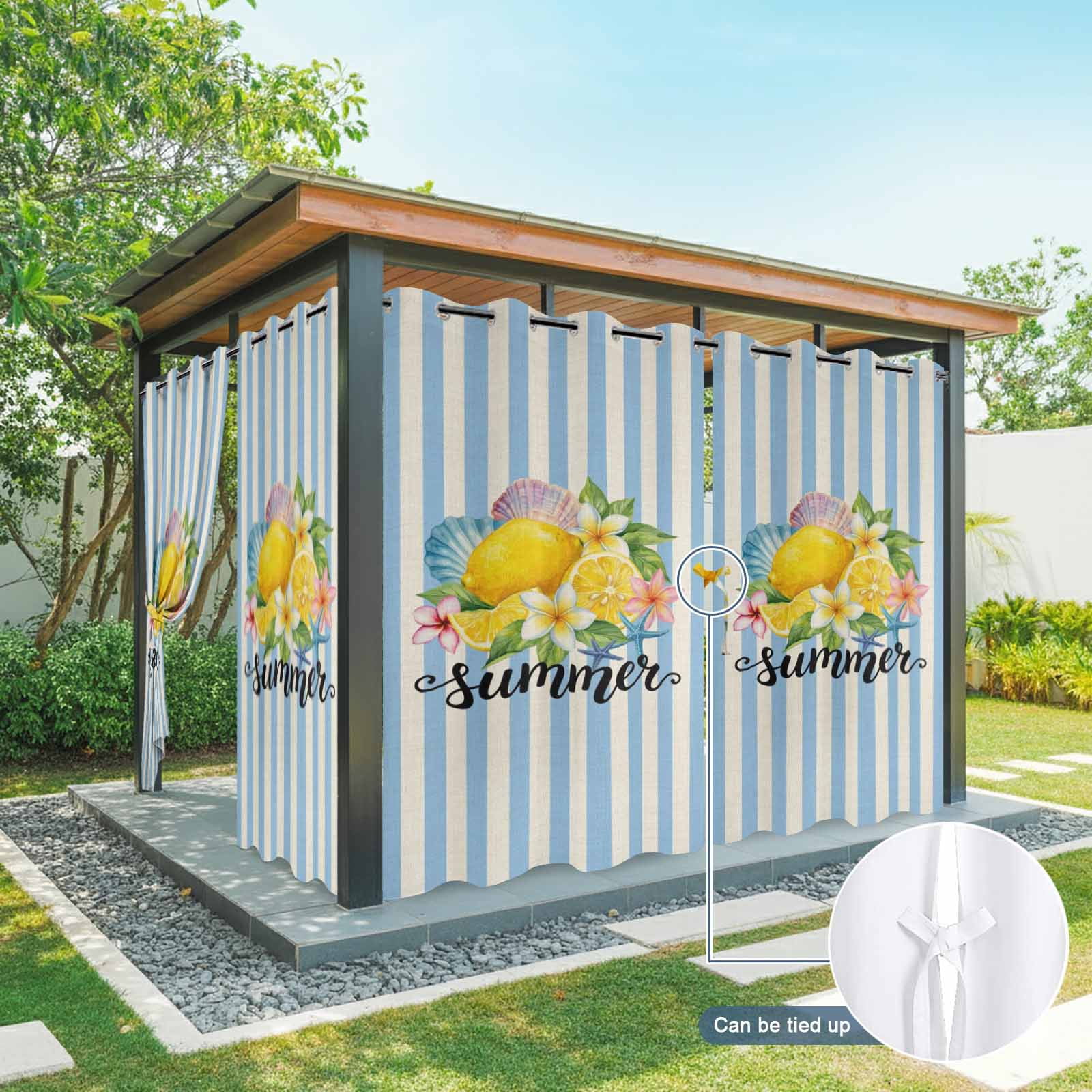 Lemon Summer Outdoor Curtains for Patio, Fruit Starfish Shell Blue Stripes Retro Sunshade Privacy Drapes Grommet Waterproof Outside Curtains for Porch/Cabana/Balcony 54"x 108", 1 Panel