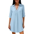 thumbnail image 2 of ClodeEU Women's Cotton Linen Lace Lapel V Neck Short Sleeve Shirt Dress,Casual Beach Cover Up Loose Dress Blue,Women's Plus XXL, 2 of 8
