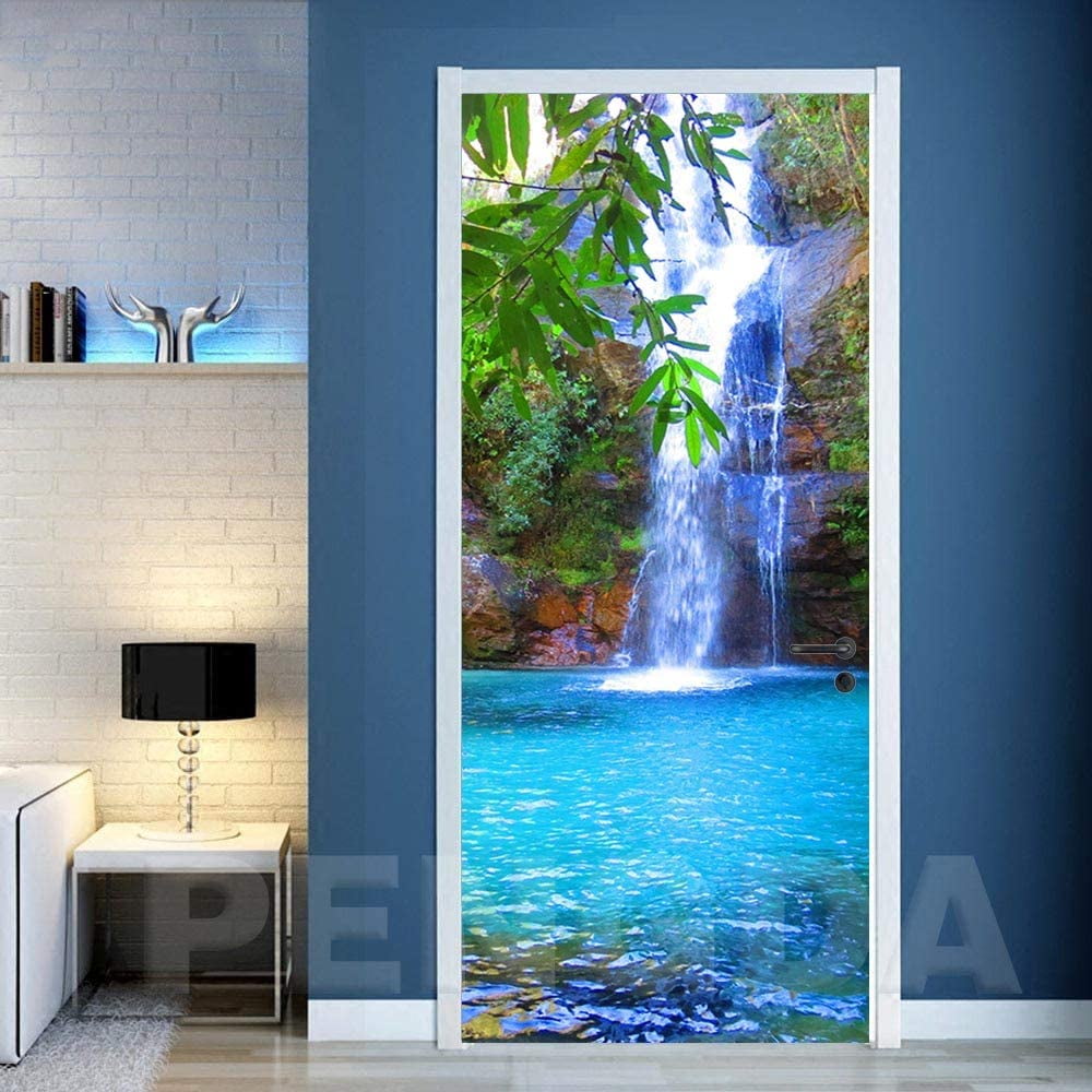 Waterfall Tree Nature Landscape Wallpaper Door Trompe L'Oeil For Living Room Bedroom Home Decoration Wall Stickers Self Adhesive Removable Decals 77X200Cm