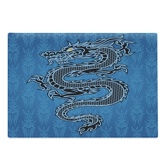 Japanese Dragon Cutting Board, Black Dragon on Blue Tribal Background Year of the Dragon Themed Art, Decorative Tempered Glass Cutting and Serving Board, Large Size, Blue Black White, by Ambesonne